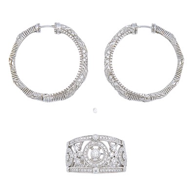 Lot 2118 - Judith Ripka Pair of White Gold and Diamond Hoop Earrings and Ring