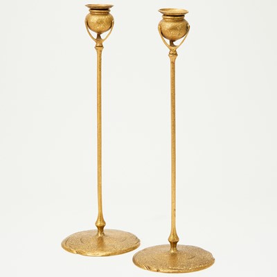 Lot 531 - Pair of Tiffany Studios Gilt-Bronze Flower-Form Candlesticks