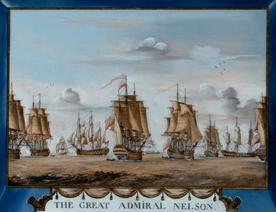 Lot 536 - Reverse Painting on Glass Depicting a Fleet of Ships Entitled 'THE GREAT ADMIRAL NELSON'
