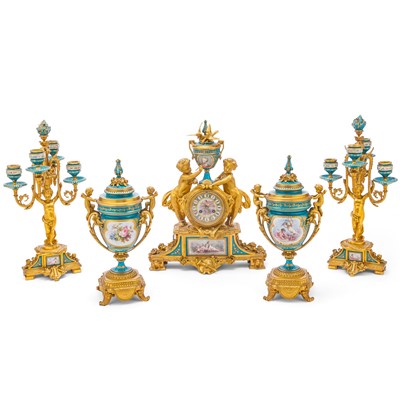 Lot 368 - Louis XVI Style Gilt-Bronze and Sevres Style Porcelain Five-Piece Clock Garniture