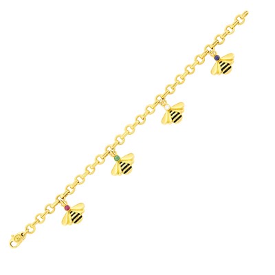 Lot 82 - Cartier Gold, Enamel, Cabochon Gem-Set and Diamond Bee Charm Bracelet