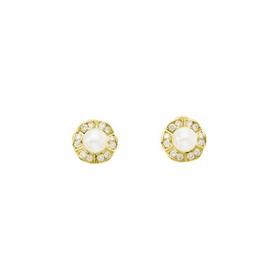 Lot 1028 - Tiffany & Co. Pair of Gold, Cultured Pearl and Diamond Earrings