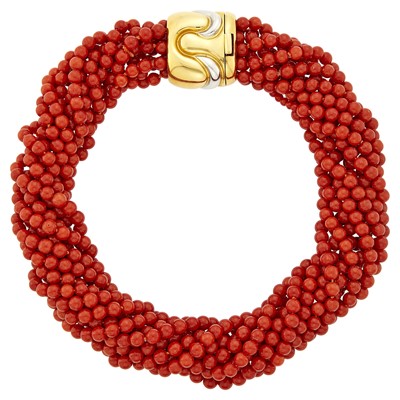 Lot 26 - Multistrand Coral Bead Torsade Necklace with Two-Color Gold Clasp