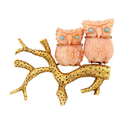 Lot 18 - Gold, Carved Angel Skin Coral and Turquoise Owls on a Branch Brooch