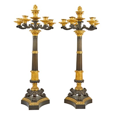 Lot 326 - Pair of Louis Philippe Style Patinated and Gilt-Bronze Six-Light Candlelabra