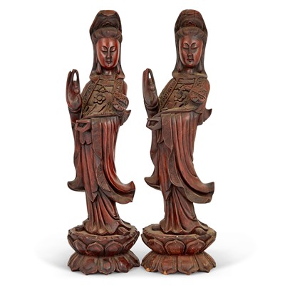 Lot 186 - Pair of Chinese Carved Hardwood Figures of Guanyin