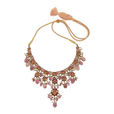 Lot 57 - Indian Gold, Jaipur Enamel, Foil-Backed Diamond and Pink Tourmaline and Freshwater Pearl Fringe Necklace and Pair of Pendant-Earrings
