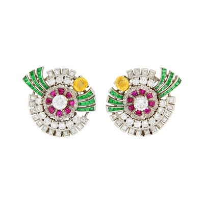Lot 170 - Pair of Platinum, Diamond, Ruby, Emerald and Yellow Sapphire Earclips