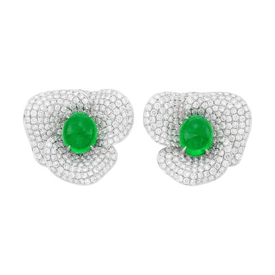 Lot 104 - Pair of White Gold, Cabochon Emerald and Diamond Earclips