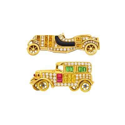 Lot 87 - Two Gold, Diamond and Colored Stone Car Pins