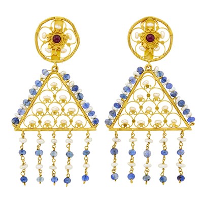 Lot 1009 - Ilias Lalaounis Pair of Gold, Sapphire Bead, Cabochon Ruby and Freshwater Pearl Fringe Pendant-Earclips