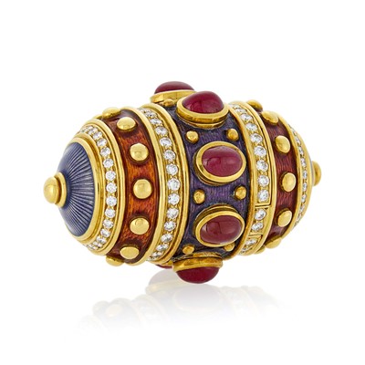 Lot 88 - Amr Ghassan Shaker Gold, Purple and Orange Guilloché Enamel, Cabochon Ruby and Diamond Cylinder Pill Box