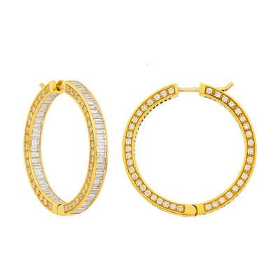 Lot 156 - Pair of Gold and Diamond Hoop Earrings