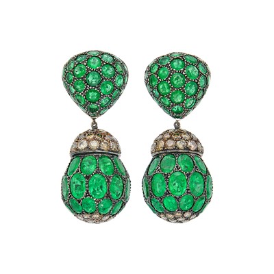 Lot 101 - Vivian Debbas Pair of Blackened Gold, Emerald and Colored Diamond Pendant-Earclips, France