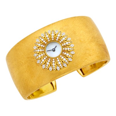 Lot 26 - Buccellati Gold, Mother-of-Pearl and Diamond 'Anthochron Dahlia' Cuff Bracelet-Watch, Ref. W0800270