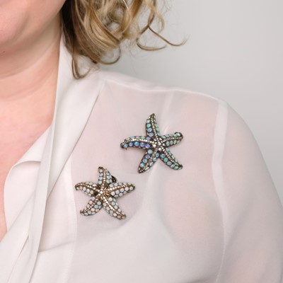 Lot 69 - Pair of Two-Color Gold, Opal and Diamond Starfish Pendant-Brooches