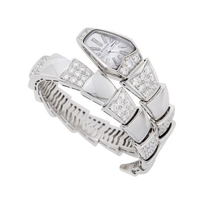 Lot 108 - Bulgari White Gold, Mother-of-Pearl and Diamond 'Serpenti Scaglie' Bracelet-Watch, Ref. SPW26G