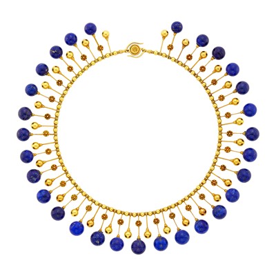 Lot 82 - Archaeological Revival Gold and Lapis Bead Fringe Necklace