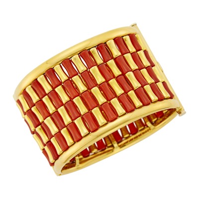 Lot 2 - Gold and Coral Cuff Bangle Bracelet