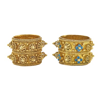 Lot 2058 - Two Wide Antique Gold and Enamel Band Rings