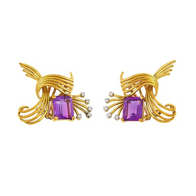Lot 2209 - Pair of Gold, Amethyst and Diamond Ribbon Earclips