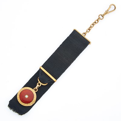Lot 2068 - Gold, Enamel and Mabé Pearl Watch Fob/Locket with Black Ribbon