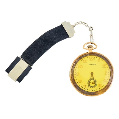 Lot 2073 - Tiffany & Co. Gold Open Face Pocket Watch with White Gold, Black Onyx and Suede Watch Fob