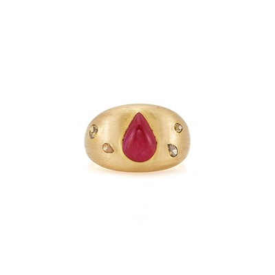Lot 2230 - Gold, Cabochon Ruby and Colored Diamond Gypsy Ring