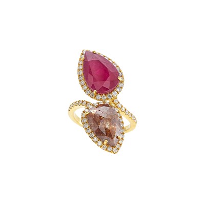 Lot 2227 - Gold, Ruby, Colored Diamond and Diamond Crossover Ring
