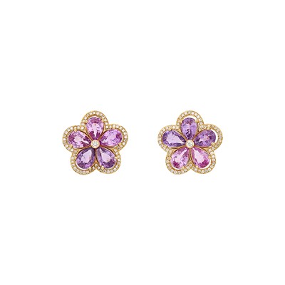 Lot 1297 - Pair of Gold, Purple and Pink Sapphire and Diamond Flower Earrings