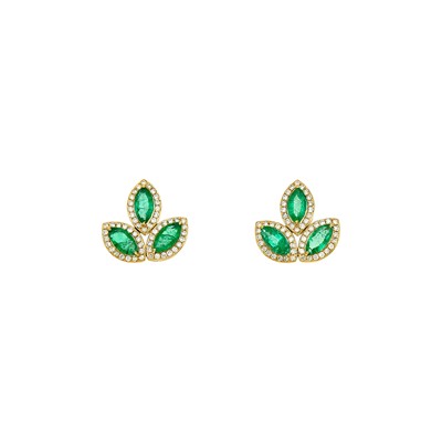 Lot 1291 - Pair of Gold, Emerald and Diamond Floret Earrings