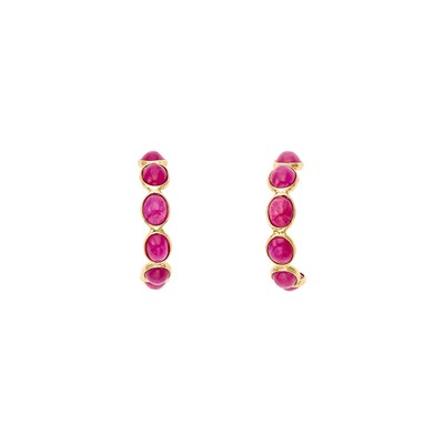 Lot 1088 - Pair of Gold and Cabochon Ruby Half-Hoop Earrings