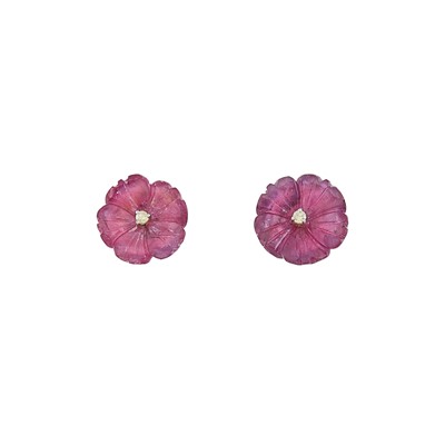 Lot 2168 - Pair of Gold, Carved Pink Sapphire and Diamond Flower Stud Earrings