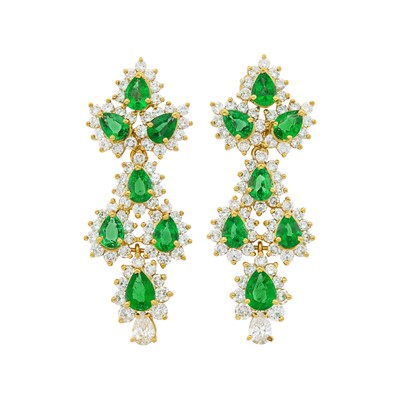 Lot 192 - Pair of Gold, Emerald and Diamond Pendant-Earrings