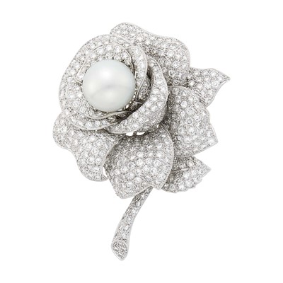 Lot 105 - White Gold, South Sea Cultured Pearl and Diamond Flower Clip-Brooch