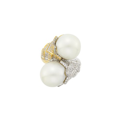 Lot 1058 - Two-Color Gold, South Sea Cultured Pearl and Diamond Crossover Ring