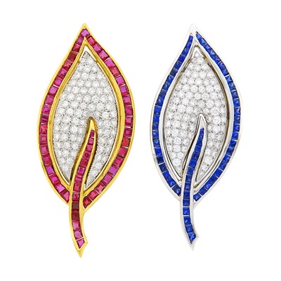 Lot 41 - Pair of Two-Color Gold, Platinum, Diamond, Sapphire and Ruby Leaf Clip-Brooches