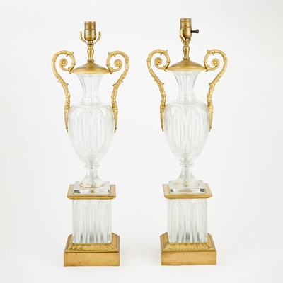 Lot 457 - Pair of Baccarat Style Gilt-Metal Mounted Cut Glass Urn-Form Table Lamps
