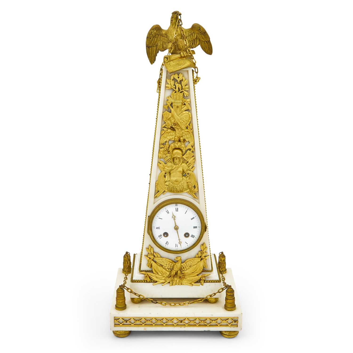 Lot 359 - Empire Style Gilt-Bronze and Marble Obelisk-Form Mantel Clock