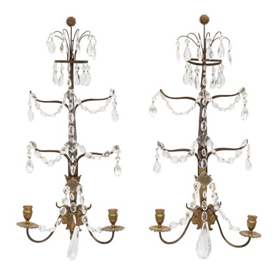 Lot 249 - Pair of Swedish Neoclassical Style Metal and Glass Two-Light Wall Sconces