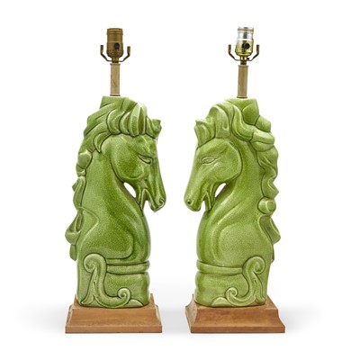 Lot 210 - Pair of Mid-Century Style Green Crackle Glaze Ceramic Horse Head Table Lamps