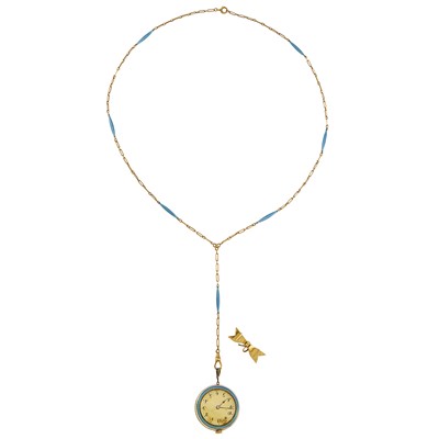 Lot 2040 - Gold, Platinum, Blue Guilloché Enamel and Diamond Pendant Watch with Chain Necklace