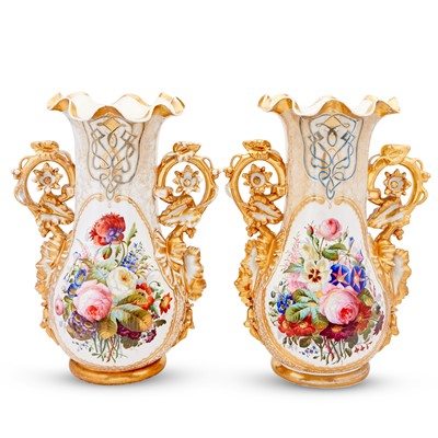 Lot 447 - Pair of Paris Porcelain Gilt and Floral Decorated Two-Handled  Vases