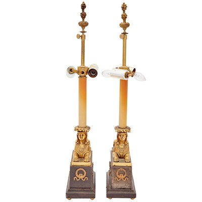 Lot 346 - Pair of Egyptian Revival Style Gilt-Metal and Marble Lamps