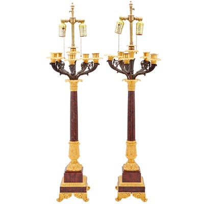 Lot 356 - Pair of Empire Gilt and Patinated Bronze and Rouge Marble Five-Light Candelabra as Lamps