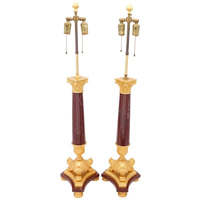 Lot 418 - Pair of French Empire Gilt-Bronze and Rouge Marble Five-Light Candelabra as Lamps