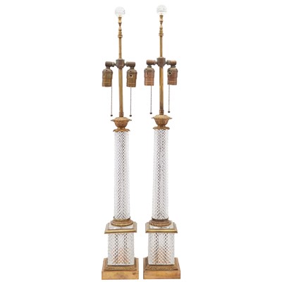 Lot 366 - Pair of Empire Style Bronze and Glass Columnar Lamps