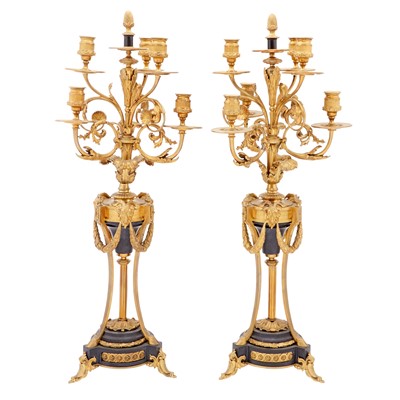 Lot 345 - Pair of Louis XVI Style Gilt-Bronze Rams Head and Marble Candelabras
