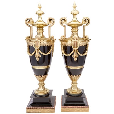 Lot 336 - Pair of Louis XVI Style Gilt-Bronze Mounted Black Marble Vases