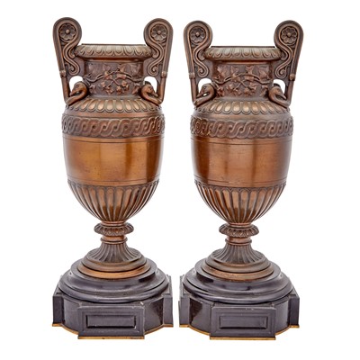 Lot 265 - Pair of Neoclassical Bronze Urns on Marble Bases